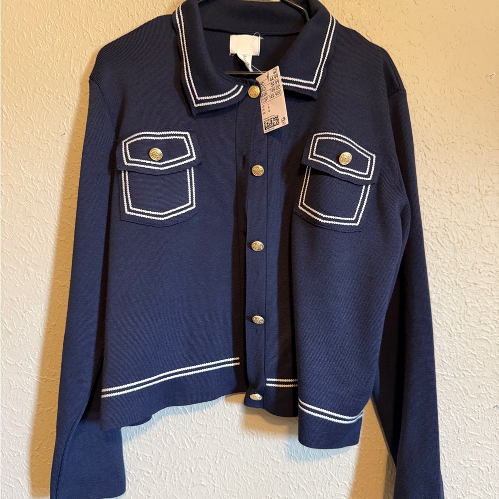 H&M Navy Cardigan with White Accents and Gold Button